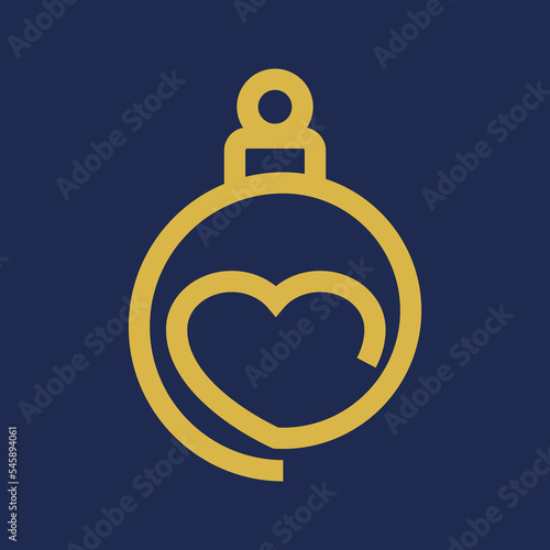 I love Christmas. Logo con corazón en bola de navidad con líneas en color dorado y fondo azul