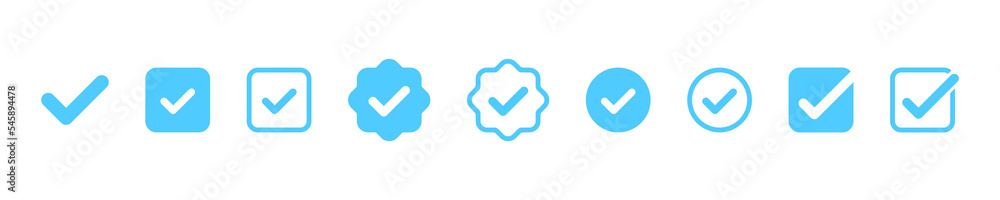 Checkmark icon. Blue check mark vector set. Checked checkbox sign. Approved symbol. Isolated v checkmark icon. - obrazy, fototapety, plakaty 