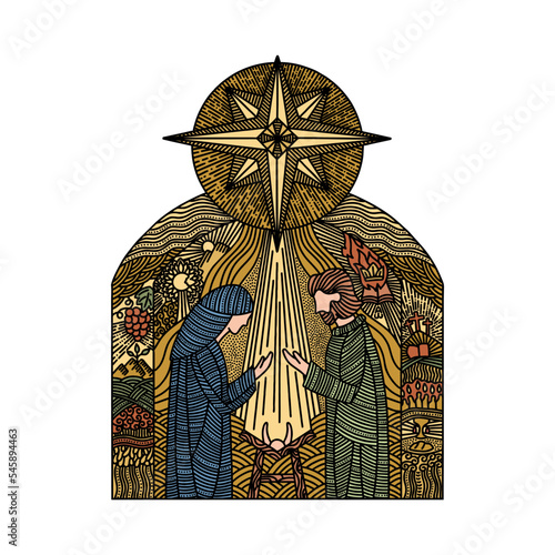 Doodle illustration. Nativity scene. Joseph and Mary with the baby Jesus, with the star of Bethlehem on top.