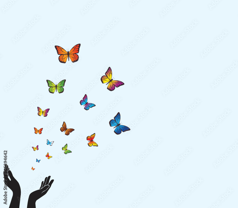 Butterfly set free, Colorful Butterfly flying for freedom from an open hand, freedom concept, World bird day. vector illustrations