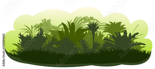 Jungle rainforest. Nature landscape silhouette. Dense tropical green thickets. Isolated on white background. Vector.