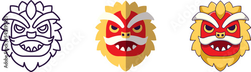 Chinese New Year concept. Collection of line, flat and cartoon illustrations of dragon mask for stores, shops, web sites, design, apps