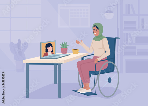 Woman with disability working from home flat color vector illustration. Videochat with business partner. Remote workplace. Fully editable 2D simple cartoon interior with workplace on background