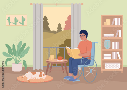 Man with disability reading flat color vector illustration. Hobby and domestic life. Guy in wheelchair at home. Fully editable 2D simple cartoon interior with living room on background