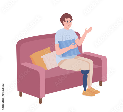 Upset man with leg prosthesis semi flat color vector character. Editable figure. Full body person on white. Disability simple cartoon style illustration for web graphic design and animation