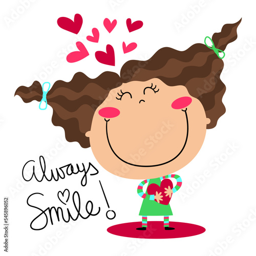 illustration of a girl hugging a heart and smiling with the words always smile