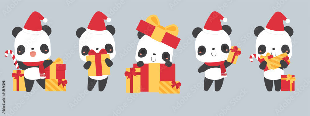 Set of cute panda bear cartoon characters wearing Santa hat, holding gift boxes. Festive Christmas holiday season concept. Flat vector illustration. Set of cute panda bear cartoon characters wearing Santa hat, holding gift boxes. Festive Christmas holiday season concept. Flat vector illustration.