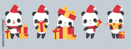 Set of cute panda bear cartoon characters wearing Santa hat, holding gift boxes. Festive Christmas holiday season concept. Flat vector illustration.	