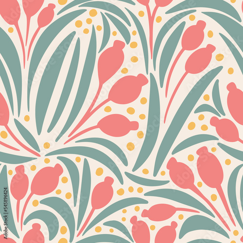 Boho Pastel Floral Ornament Hand Drawn Flowers and Leaves Abstract Seamless Pattern