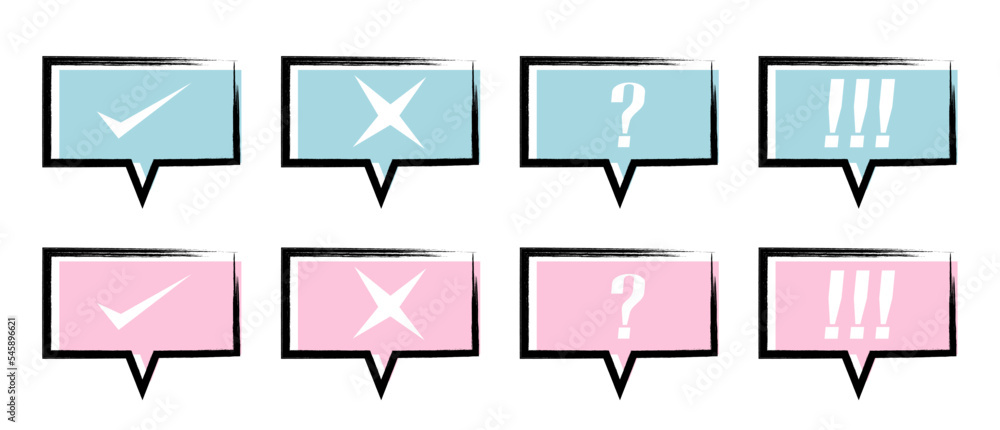 Outline stroke with a speech bubble with Correct, incorrect, question marks, and exclamation marks on light blue and pink bubbles Outline stroke with a speech bubble with Correct, incorrect, question marks, and exclamation marks on light blue and pink bubbles