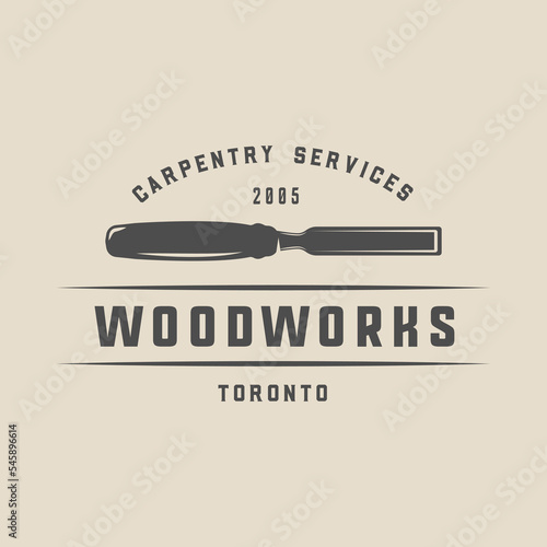 Vintage retro woodwork carpentry mechanic emblem, logo, badge, label. mark, poster or print. Monochrome Graphic Art. Vector