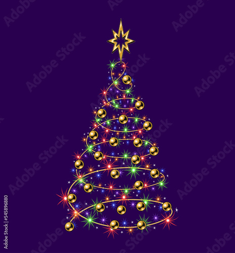 Fancy christmas tree made of festive colorful garland, gold balls, bethlehem gold star on top. Glowing sparkles, stars on wire strings. Spiral shape of tree. No transparency effect