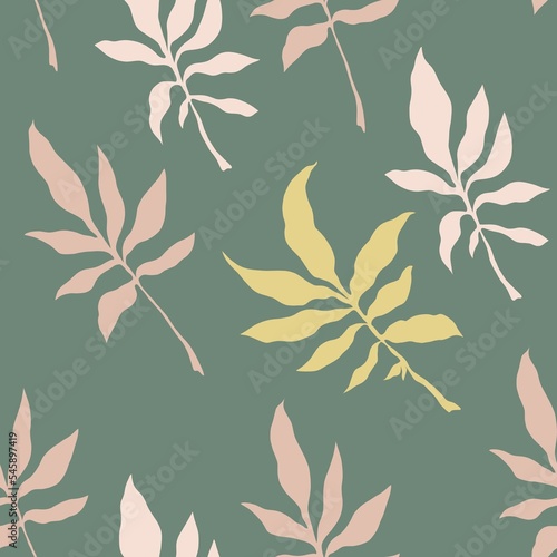 Seamless background with pale pink twigs and leaves on a green background. A collage of yellow and pink twigs with leaves on a khaki background. Minimalist work with plants silhouette.