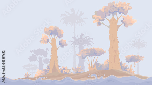 painted foggy landscape with cartoon trees near the sea