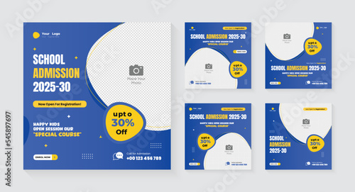 School admission social media post design template or Back to school social media blue and yellow color combination layout bundle square web banner