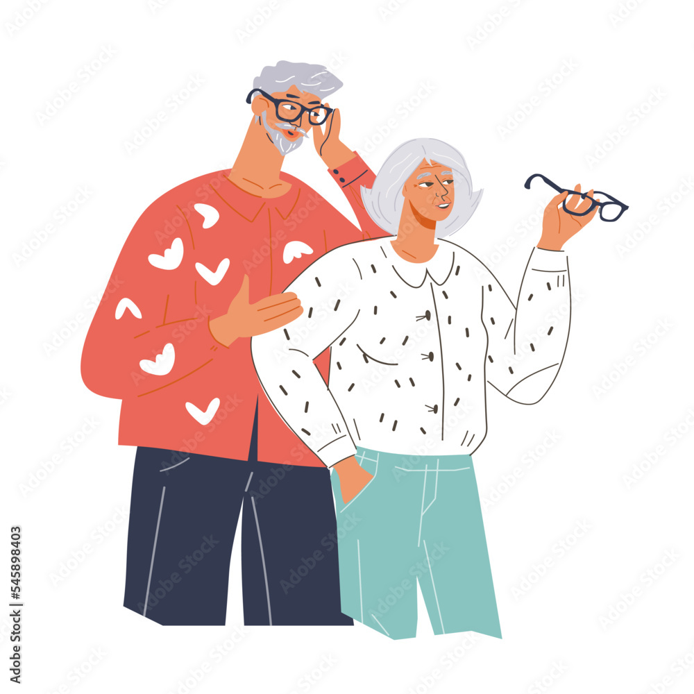 Elderly loving happy couple for family day, healthcare and social support of seniors concept, flat vector illustration isolated on white background. Elderly family, grandparents day concept.