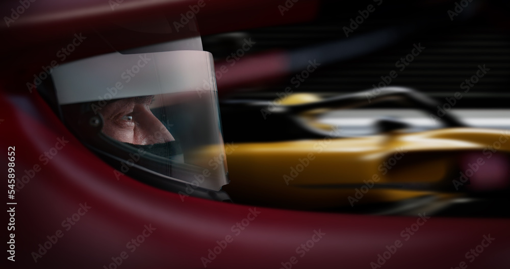 ECU Portrait of sports car driver in protective helmet racing on a speedway. Fast speed, motorsport ECU Portrait of sports car driver in protective helmet racing on a speedway. Fast speed, motorsport