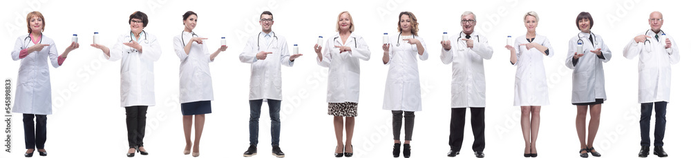 group of doctors holding jar isolated on white group of doctors holding jar isolated on white