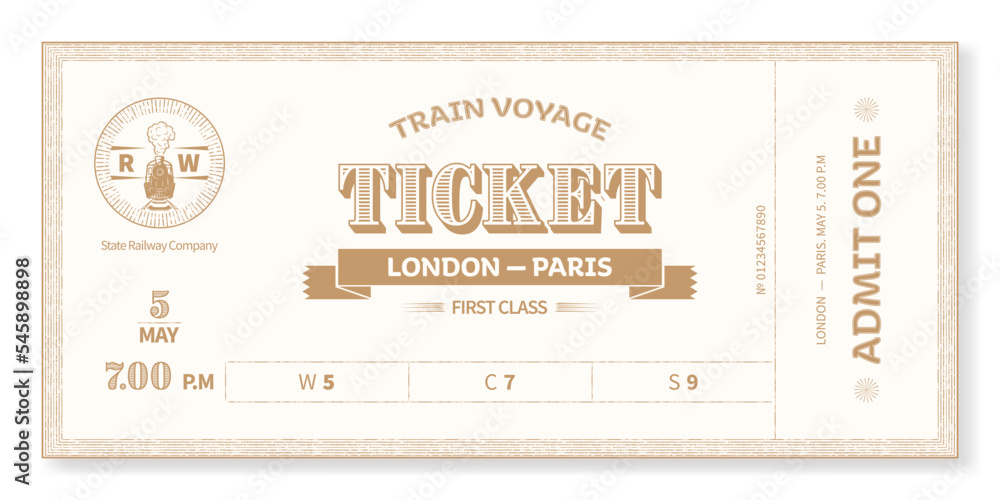 Train ticket template in vintage style, light. For train tours, excursions, retro parties, clubs and other projects. Vector, can be used for printing. Just add your text. - obrazy, fototapety, plakaty 