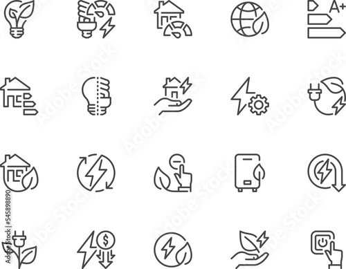 Energy Saving and Conservation. Energy Consumption Reduction, Energy Efficiency. Vector Line Icons Set. Editable Stroke. 48x48 Pixel Perfect.