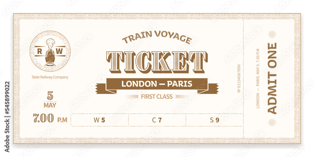 Train ticket template in vintage style, dark. For train tours, excursions, retro parties, clubs and other projects. Vector, can be used for printing. Just add your text. - obrazy, fototapety, plakaty 