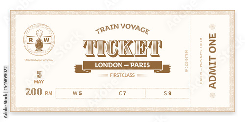 Train ticket template in vintage style, dark. For train tours, excursions, retro parties, clubs and other projects. Vector, can be used for printing. Just add your text.