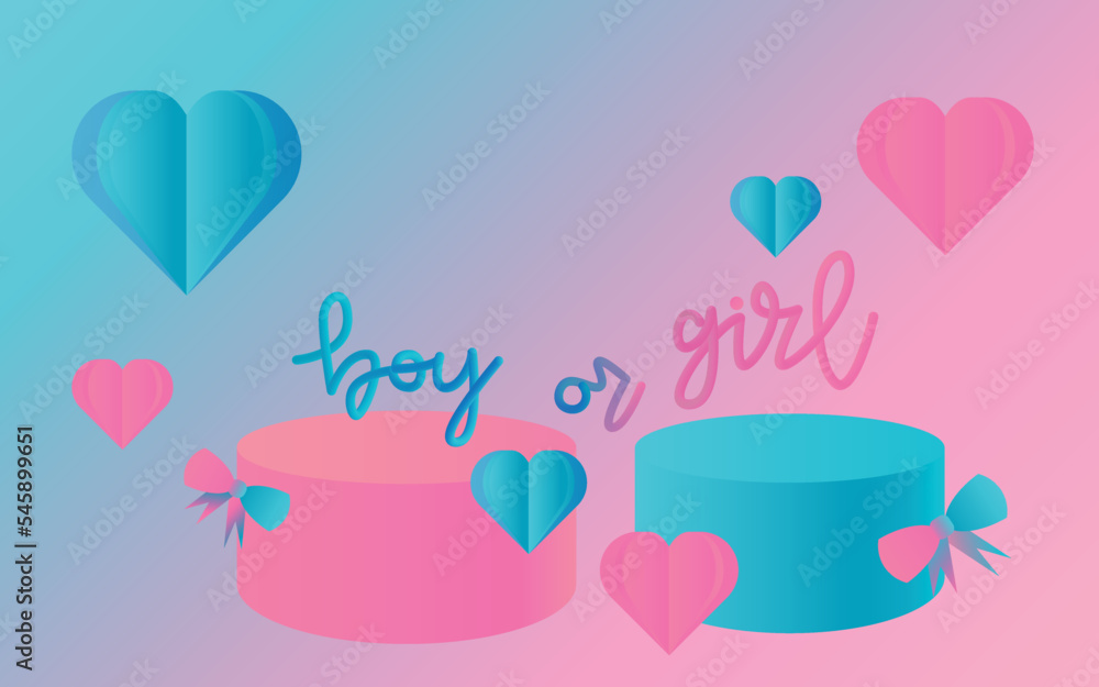 baby shower 3d realistic banner with podium and paper cut hearts on gradient pink and blue background baby shower 3d realistic banner with podium and paper cut hearts on gradient pink and blue background