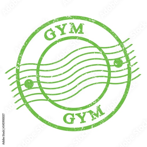 GYM, text written on green postal stamp.