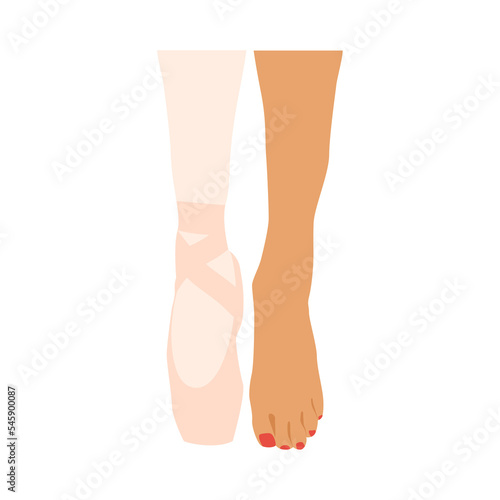 Legs and slippers of classical ballet dancer. Ballet dancer's leg in ballet shoe and barefoot woman with red nails isolated on the white background. Flat vector illustration