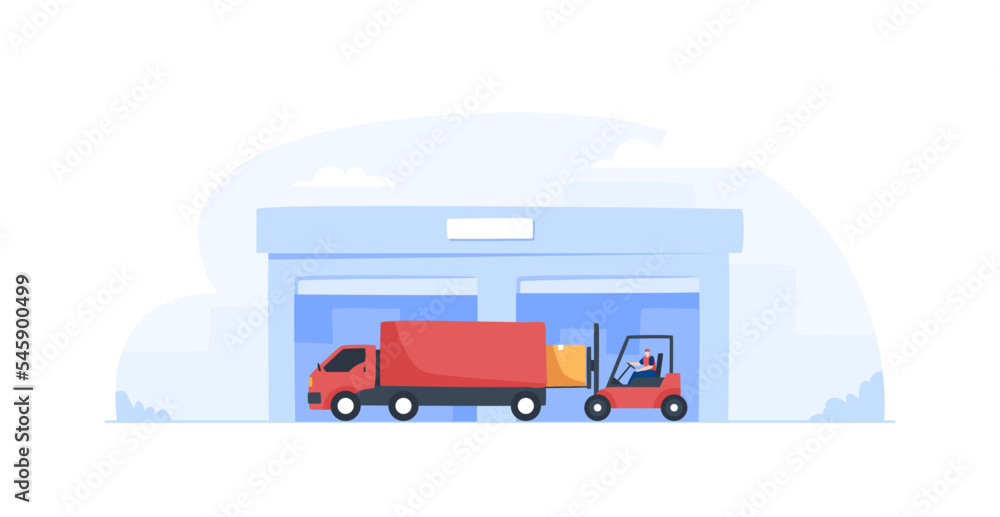 Worker loading packages on truck. Man driving forklift. Vector illustration