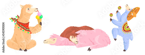 Cute doodle lamas alpacas flat vector set