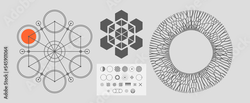 Set of minimalistic trendy shapes. Simple geometric signs collection like circles and lines. Abstract mechanical scheme. Alchemy, religion, philosophy or spirituality symbol. Vector illustration.