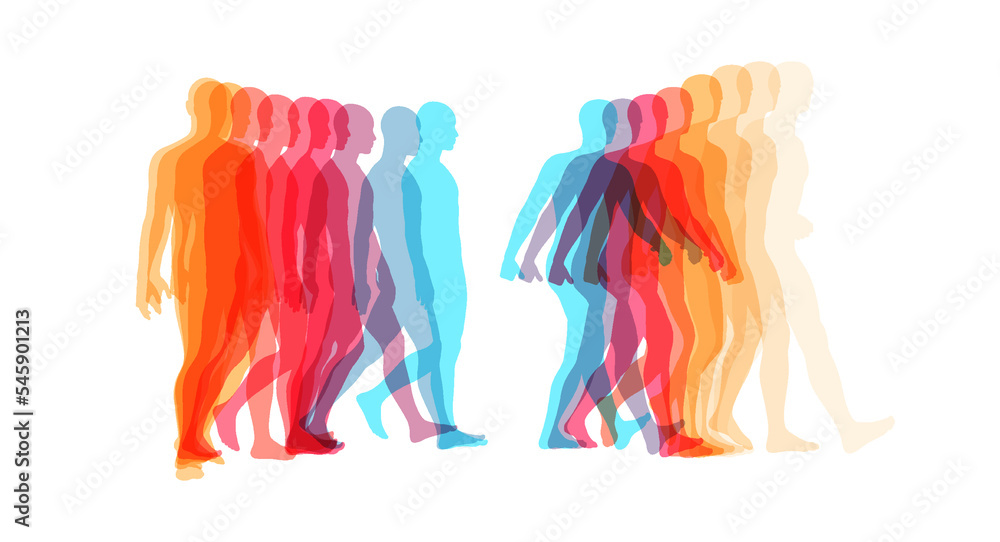 Transparent overlapping colors silhouettes. Walking man. Animation