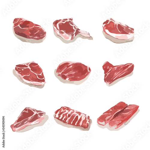Set of raw beef steaks. Watercolor vector illustration.