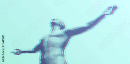 Man spread his arms in different directions. Men enjoying the freedom. Victory. Pixel art with glitch effect. 3D human body model composed of particles.