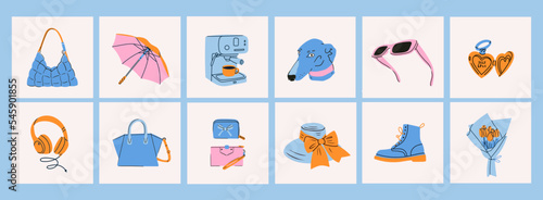 Various Icons. Logo templates. Female bag, umbrella, boots, coffee machine, dog, sunglasses, flowers, hat, headphones. Lifestyle concept. Hand drawn Vector illustrations. All elements are isolated