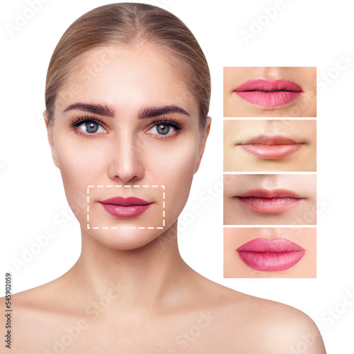 Young woman near set of different female lips. photo