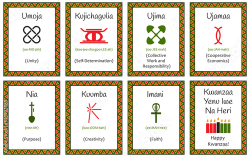 A set of cards with seven signs of the Kwanzaa principles. Symbol with names in Swahili and description. Poster with an ethnic African pattern in traditional colors. Vector illustration photo