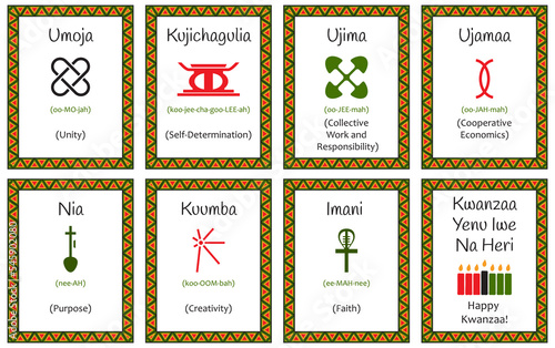 A set of cards with seven signs of the Kwanzaa principles. Symbol with names in Swahili and description. Poster with an ethnic African pattern in traditional colors. Vector illustration