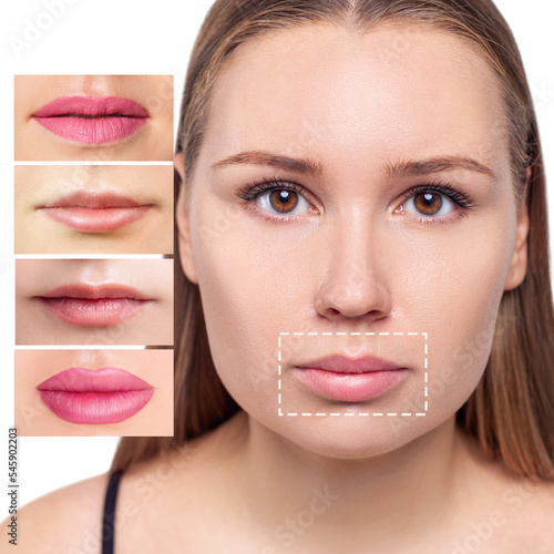 Young woman near set of different female lips. photo