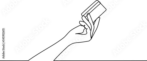 Hand holding credit plastic card continuous line drawing. Paying, buying and spending money concept