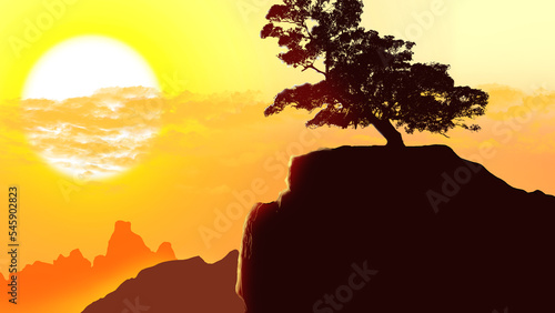 tree sunset evening sun mountain horizon digital art ,type painting ,3d illustration , high definition ,  wallpaper