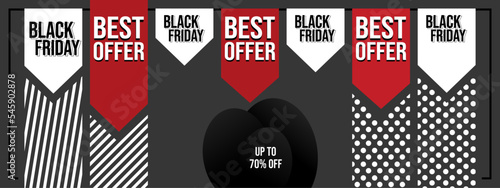 Vector black background.Black friday,Best offer,Up to 70% off.With the addition of ribbon and other elements to complement it.Perfect to use for a wide variety of graphic,print,digital and other