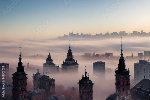 Warsaw, Poland, 01.12.2020 Palace of culture and science on the foggy morning. Breathtaking timelapse of the city in the clouds. High quality photo