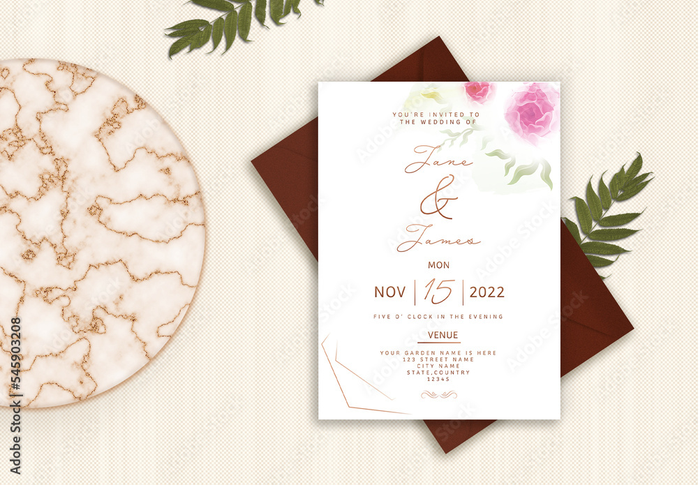 Wedding Invitation or Stationery Mockup, with envelope. Top view