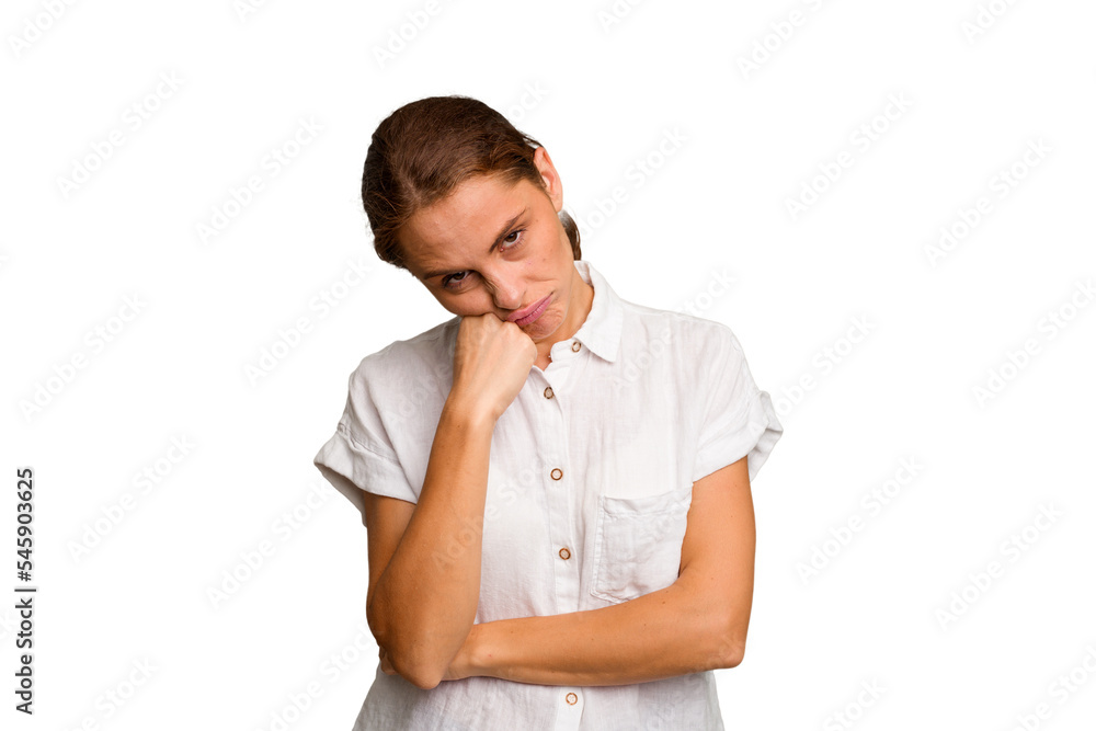 Young caucasian woman isolated tired of a repetitive task. Young caucasian woman isolated tired of a repetitive task.