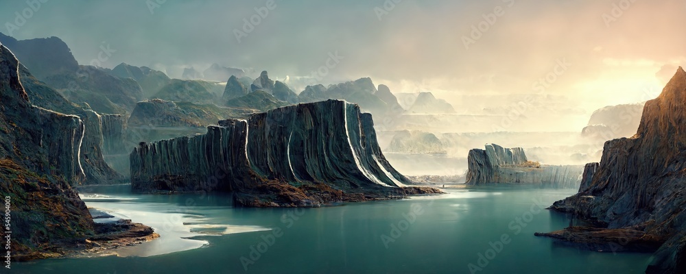 futuristic landscape with cliffs and water illustration art - obrazy, fototapety, plakaty 