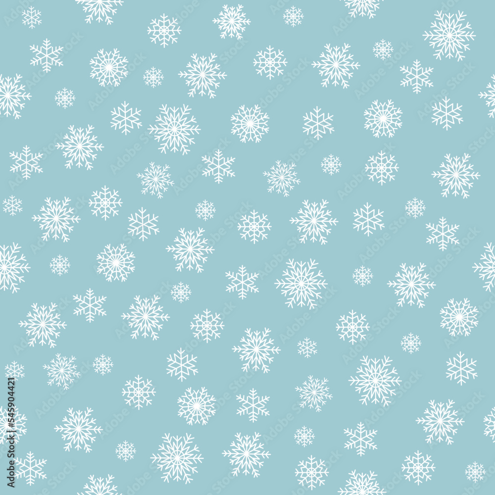 Seamless pattern of snowflakes. White snow, winter symbol. Christmas or new year decoration. Hand drawn vector illustration isolated on blue background in modern flat cartoon style.