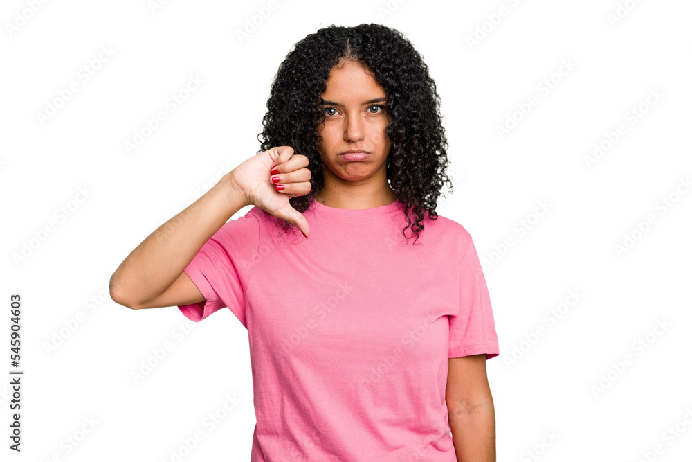Young cute brazilian woman isolated showing a dislike gesture, thumbs down. Disagreement concept. Young cute brazilian woman isolated showing a dislike gesture, thumbs down. Disagreement concept.