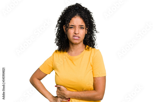 Young cute brazilian woman isolated having a liver pain, stomach ache.